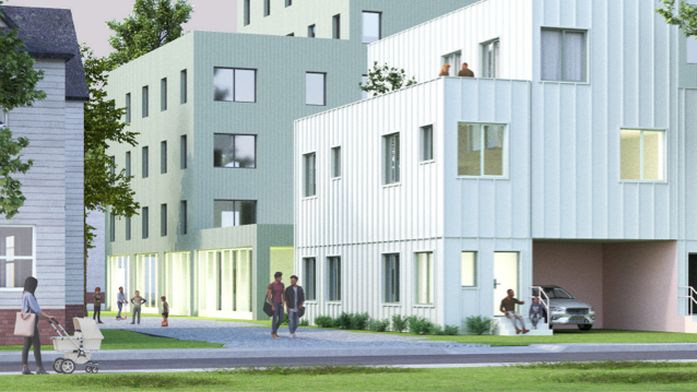 apartment buildings with people walking on a walkway alongside one building, a man and child sitting on steps in front of one building, and a woman pushing a stroller along a separate walkway