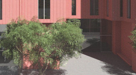 exterior of a multilevel building with long windows and a tree in front of it
