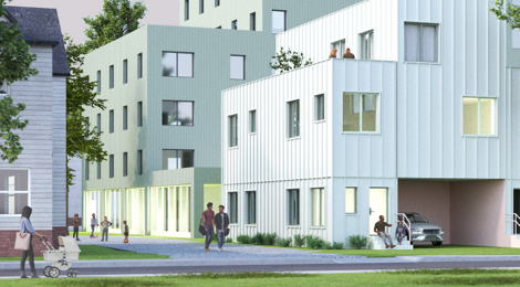 apartment buildings with people walking on a walkway alongside one building, a man and child sitting on steps in front of one building, and a woman pushing a stroller along a separate walkway