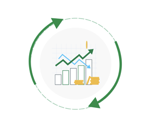 Bar graph with two lines above the bars, one going up and the other going down, along with stacked coins across the bottom