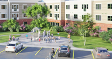 A rendering of an apartment complex overlooking playground equipment with children and adults interacting with each other and a parking lot with three parked cars.