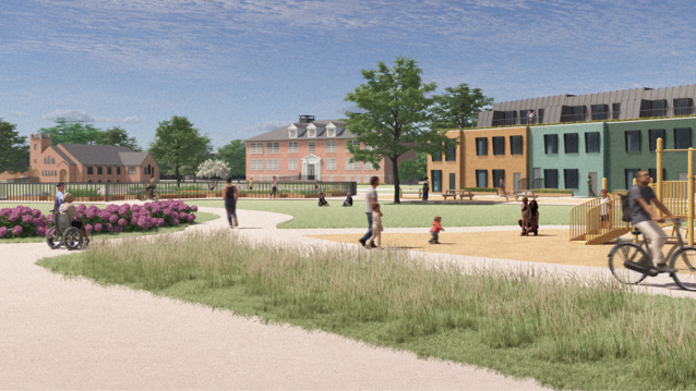 Man holding a child’s hand walking on a pathway with a younger child in front heading to a playground in front of building while a man rides his bike on the same pathway and off to the side a woman in a wheelchair talks to a person who is standing by her side