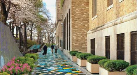 exterior of apartment building with colorful landscaping and 3 adults walking down a walkway