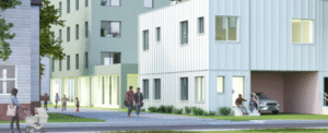 apartment buildings with people walking on a walkway alongside one building, a man and child sitting on steps in front of one building, and a woman pushing a stroller along a separate walkway