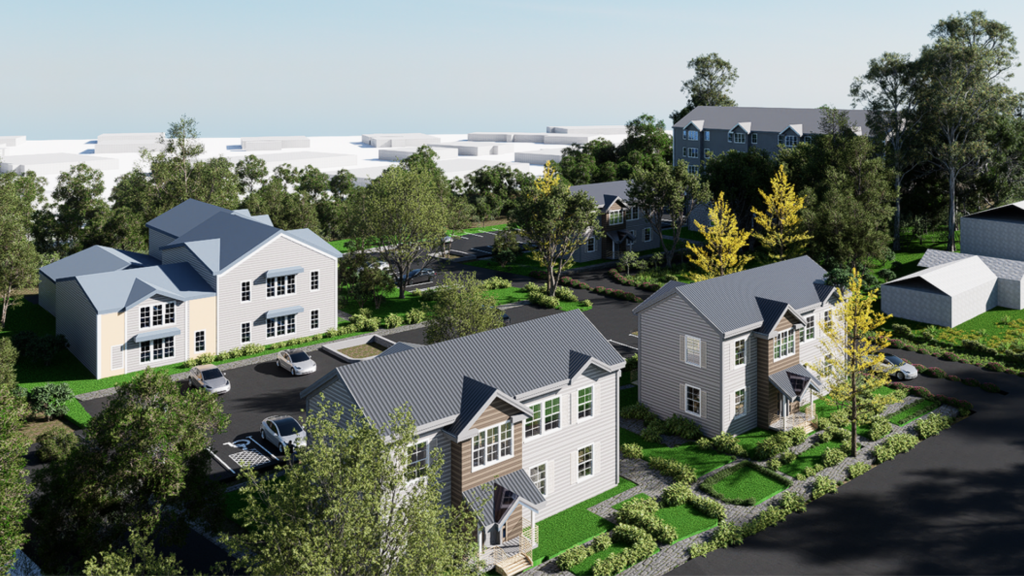 three multifamily buildings in a residential neighborhood surrounded by trees and lush greenery