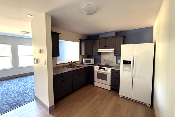 Kitchen area with sink, stove, refrigerator and kitchen cabinetry and a carpeted living area visible in the background.